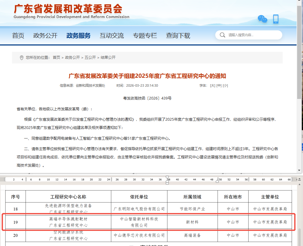 喜报！智隆新材成功组建高端半导体溅射靶材广东省工程研究中心